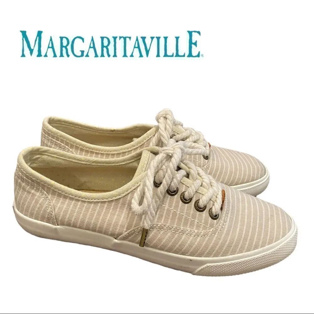 Margaritaville Women's Khaki Cream Striped Canvas Rope Lace Sneakers 8.5
